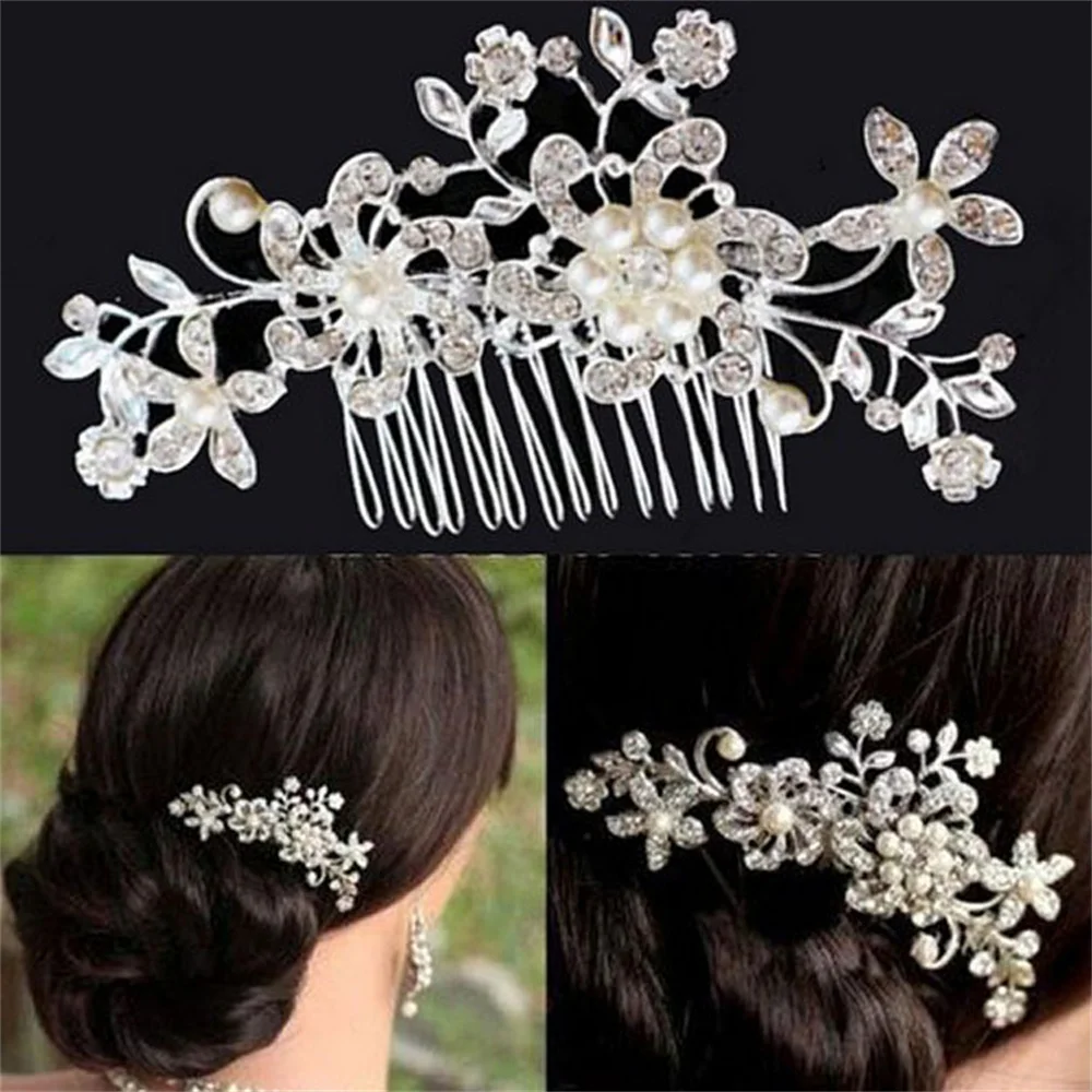 

Elegant Handmade Tiara Wedding Hair Comb Leaf Flower Bridal Hairpins Pearl Rhinestone Head Jewelry Wedding Hair Accessories