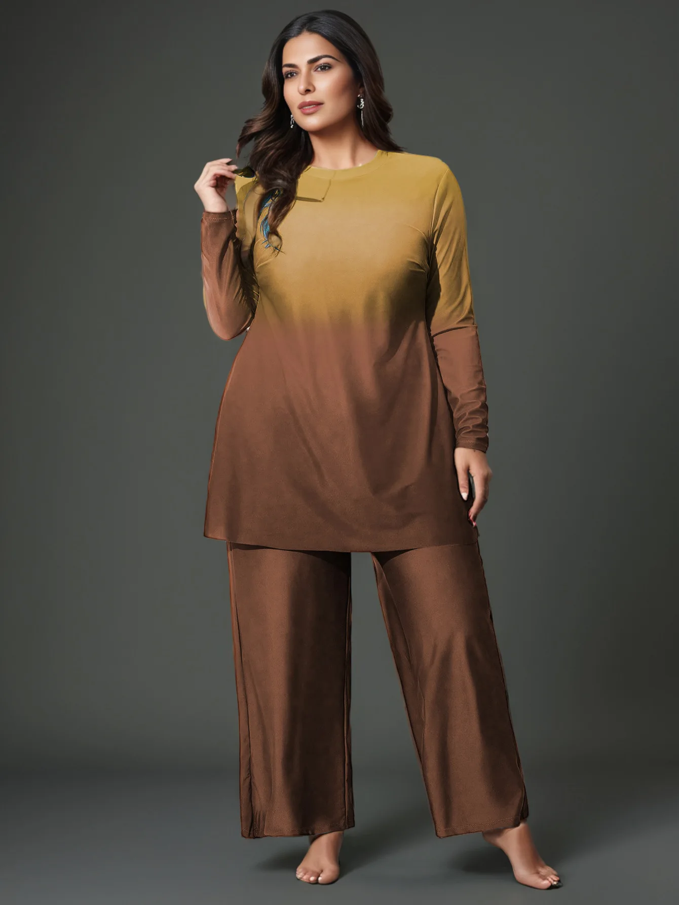 

L-4XL 2pcs plus-sized Elegance Burkini Modest swimwear Brown and Yellow Gradient Long Sleeved Top with Brown Pant Set