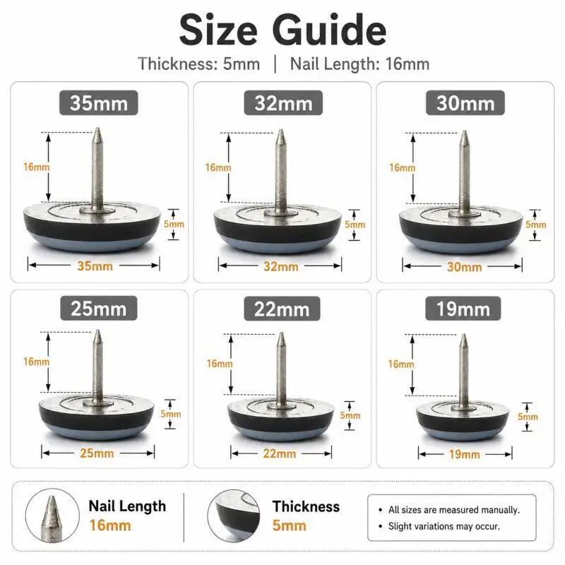 16/12/8/4Pcs Glide Pads with Nails 19-35mm Round Furniture Protectors for Table Chair Legs Cabinet Sofa