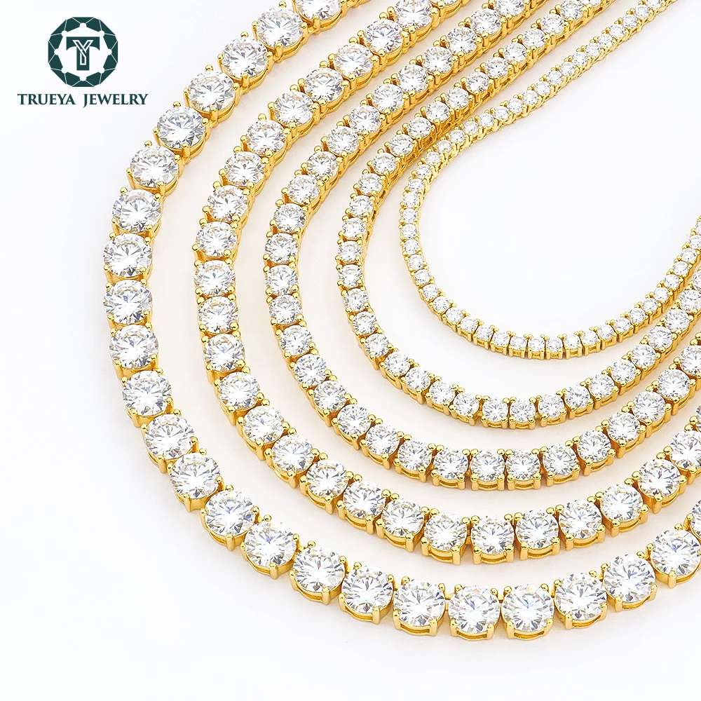 Hot Selling Hiphop Jewelry 2-6mm 925 Silver Yellow Gold Plated Tennis Link Chain Round Brilliant Cut Moissanite Necklace for Men