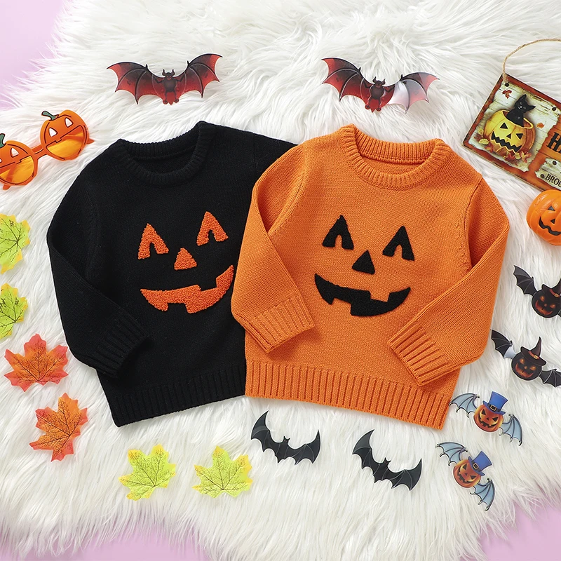 Toddler Boys Girls Halloween Sweaters Witch Pumpkin Ribbed Knitted Sweater Pullover Tops