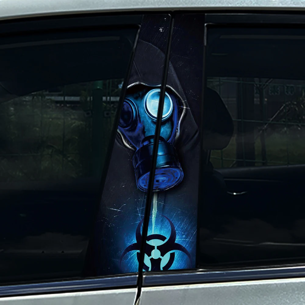 

2pcs Neon blue Cyan glow Gas mask Biohazard symbol Car Center Pillar Sticker B Pillar Protective Film For Honda
