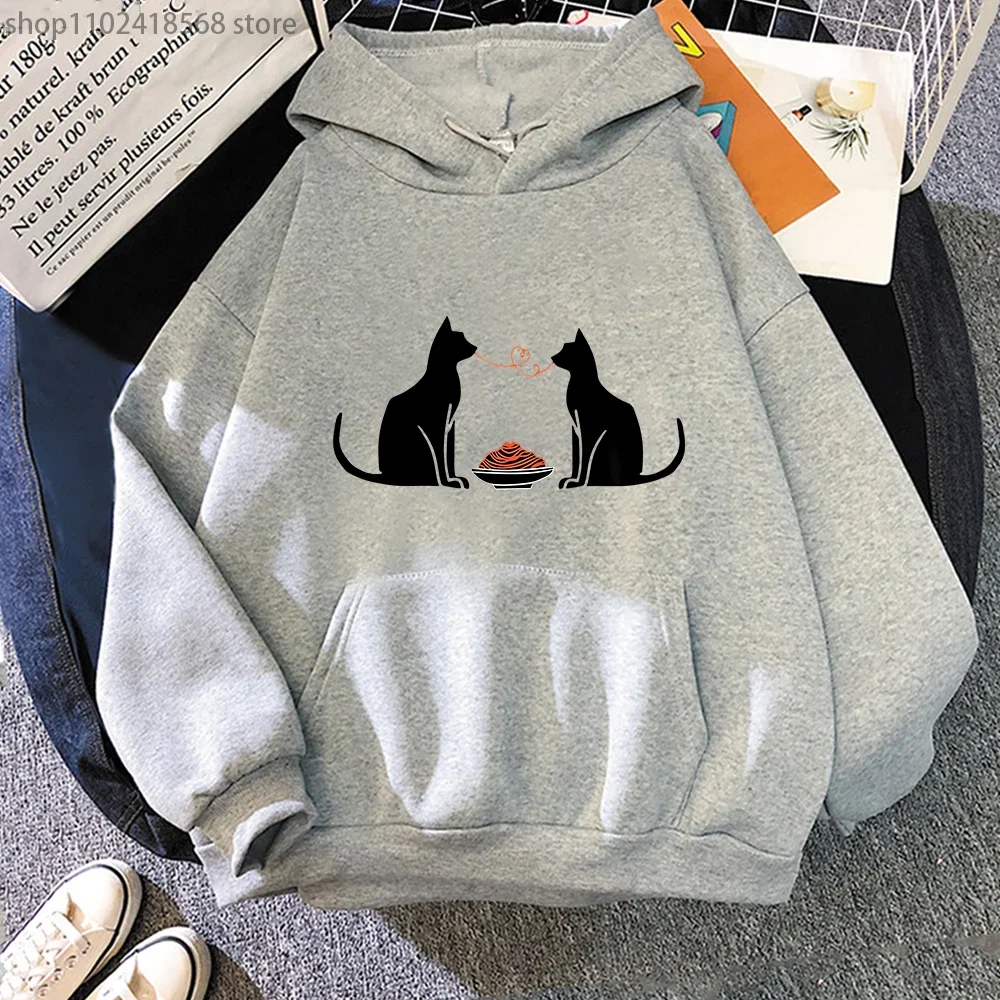 Funny Valentines Day Hoodies Women Cute Cat Lover Eating Spaghetti Graphic Sweatshirt  Y2k Clothes Kawaii Girls Top Men Pullover