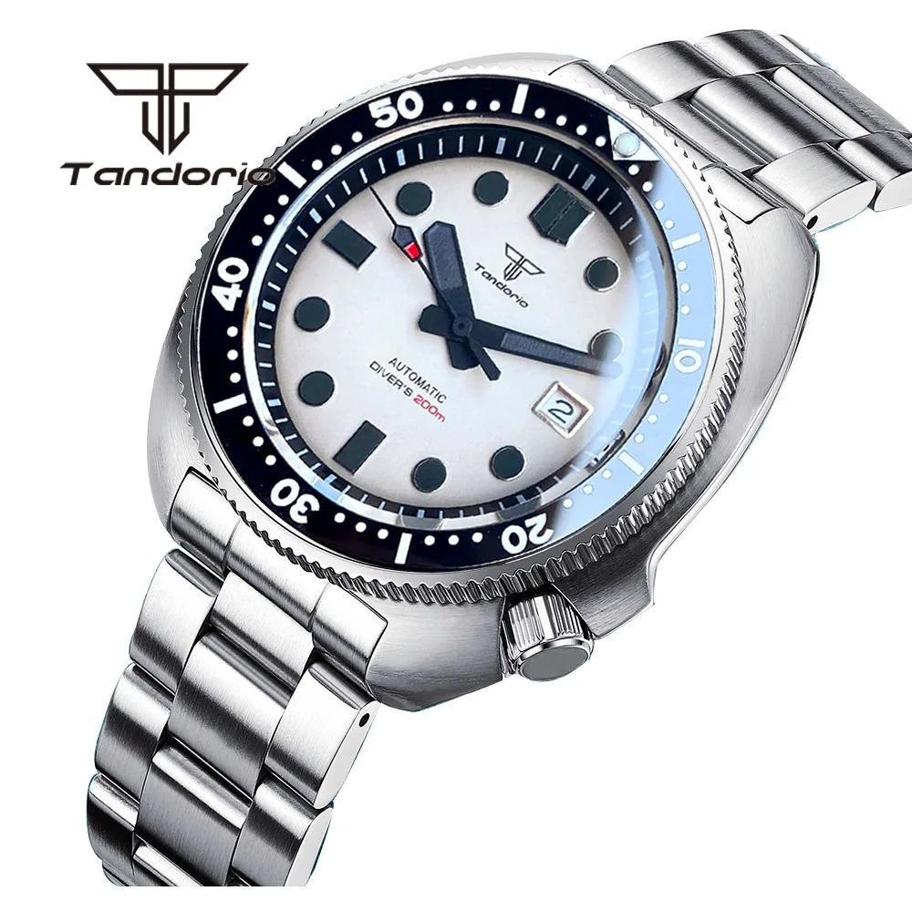 Tandorio Dress NH35A 44mm 200m Diving Automatic Wristwatch for Men Sapphire Glass Brushed Case White Dial Ceramic Bezel Date