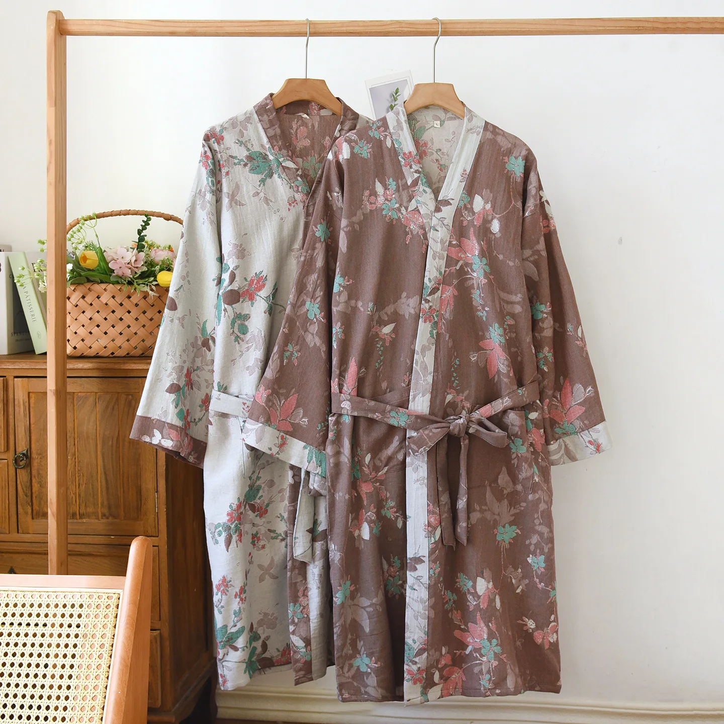 

Retro Floral Print Kimono Robe Bathrobe Women Pajama Pure Cotton Long Sleeve Dressing Gown Sleepwear Nightgrow For Female