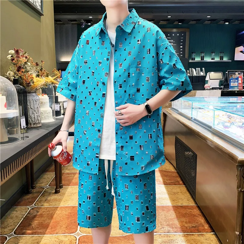 Men Summer 2 Pieces Suits Tracksuit Men\'s Shirt Shorts Harajuku Streetwear Oversized Men Sets Short Outfits