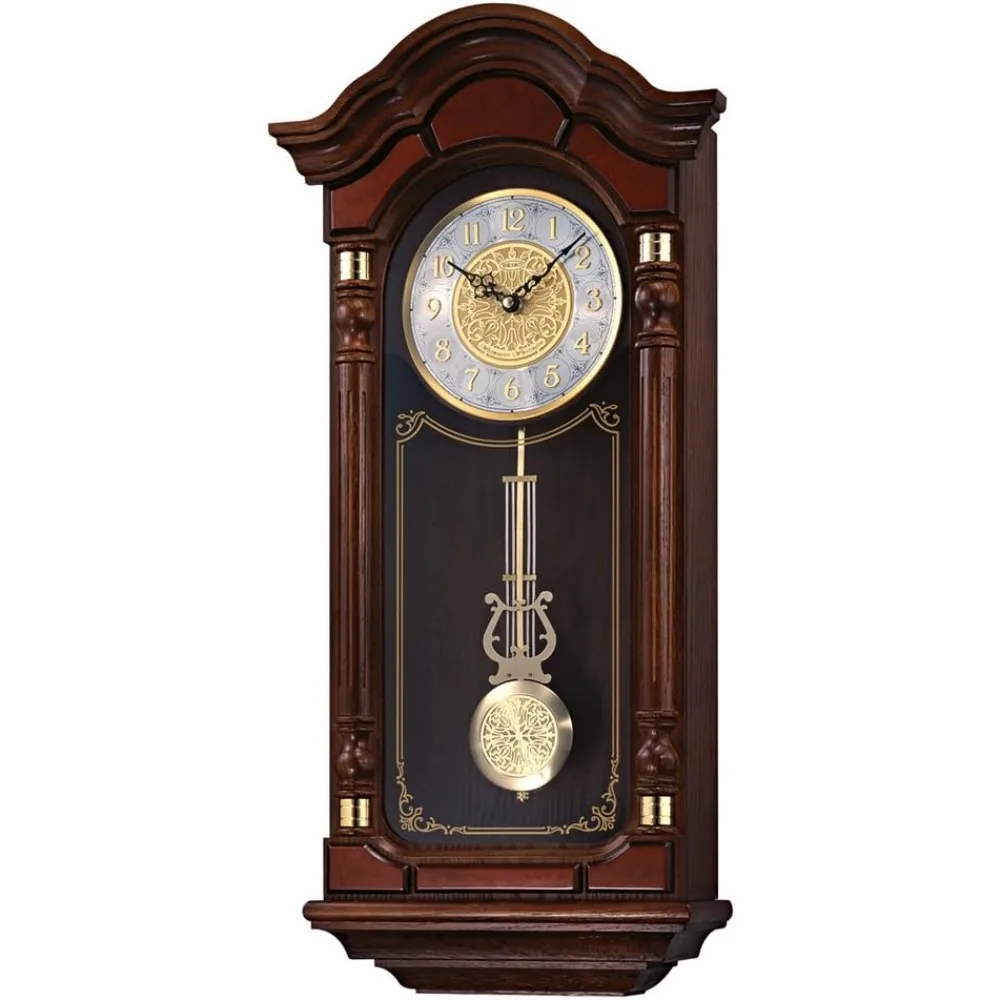 Stately Dark Brown Solid Oak Case Wall Clock with Pendulum and Chime