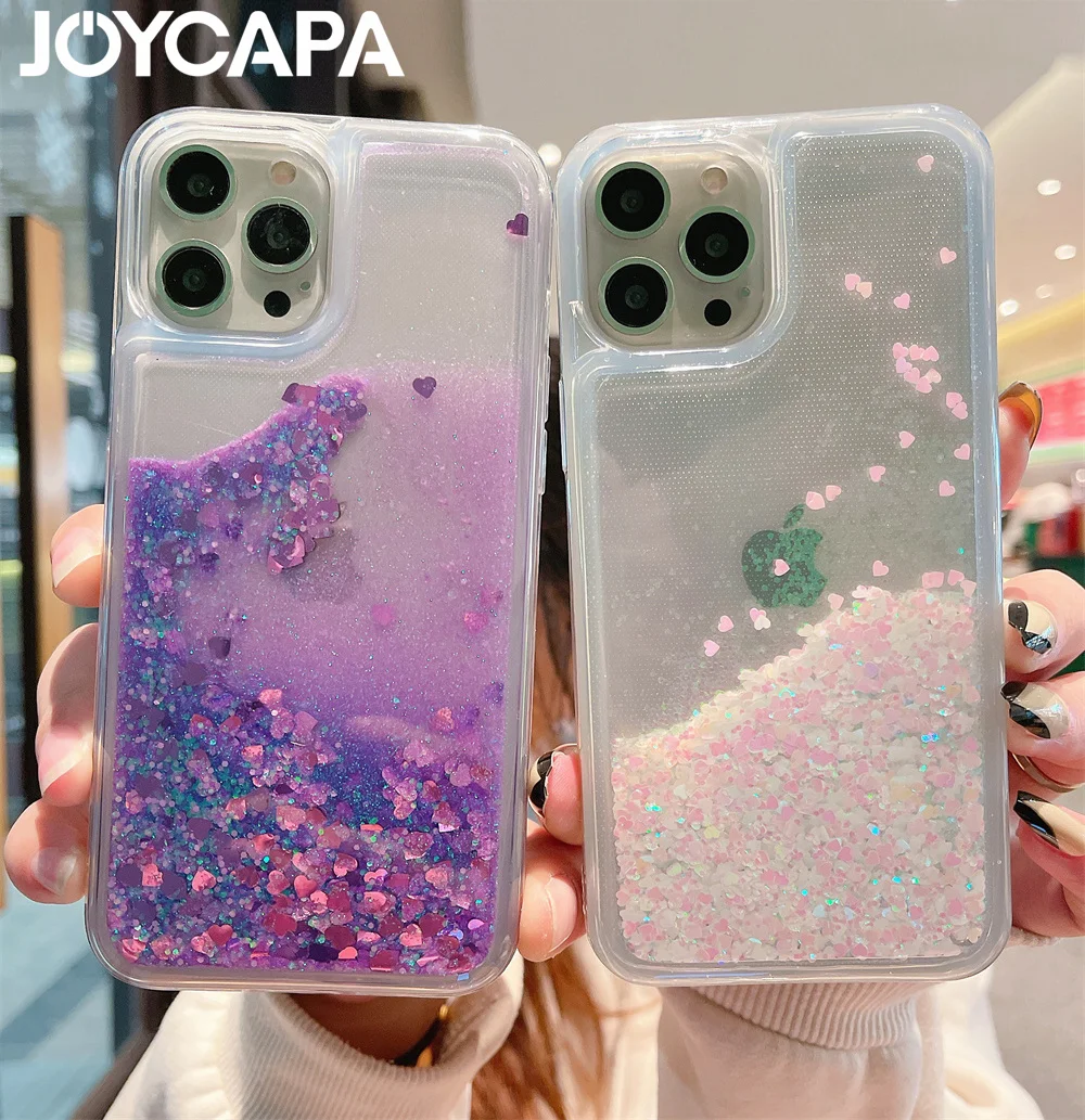 Luxury Love Heart Liquid Glitter Case For iPhone 13 Mini 1514 12 11 Pro XS Max XR 8 7 Plus 6S Quicksand Clear Bumper Cover Shell