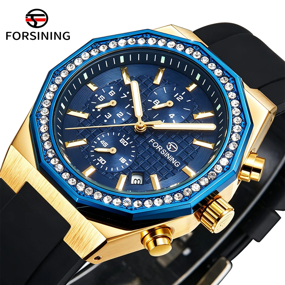 FORSINING Polygon Multi Function Clock Mens Watches Automatic Mechanical Luminous Diamond Bezel Calendar Waterproof Sports Watch