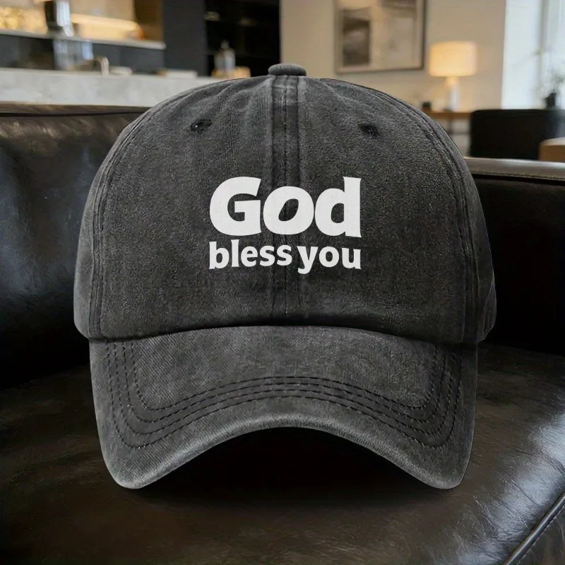 God Bless You Baseball Cap Washed Denim Adjustable Sun Protection Hat Unisex Gift