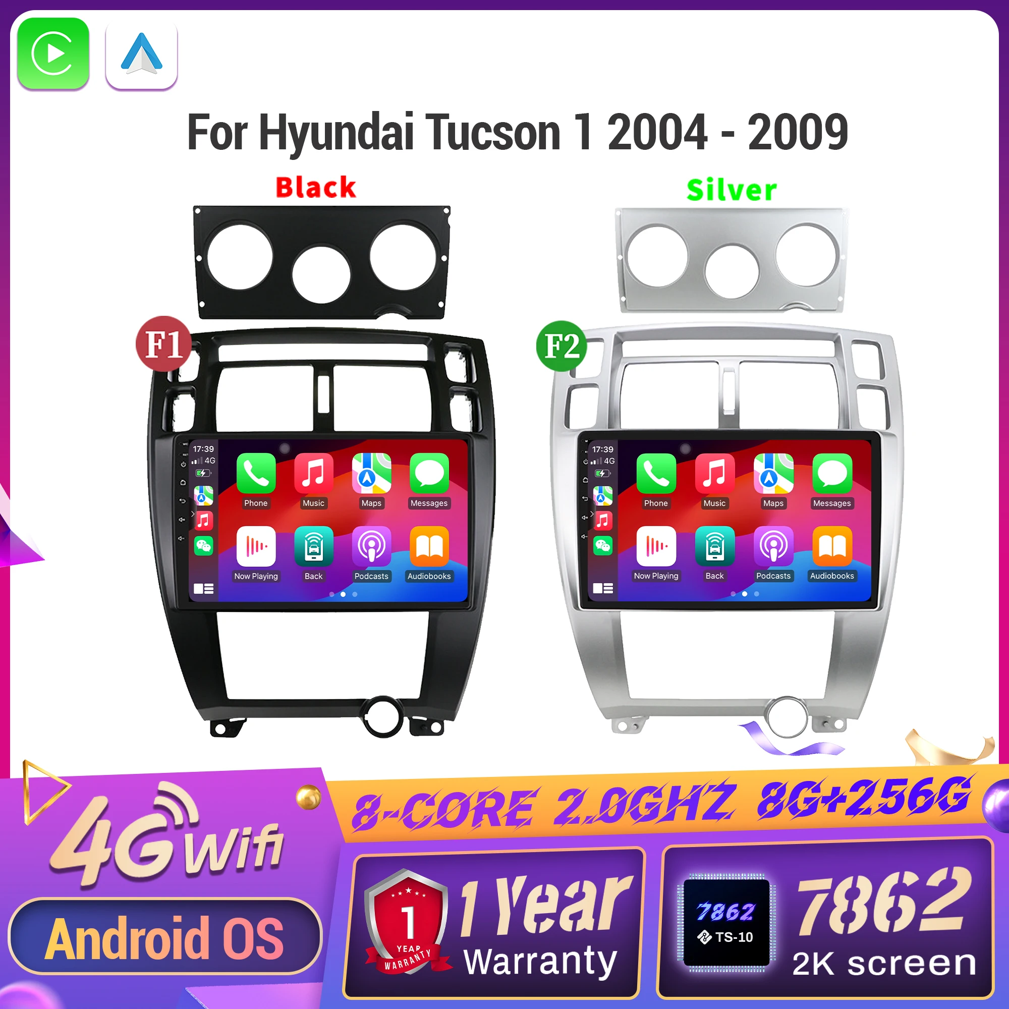 راديو السيارة أندرويد 14 لشركة هيونداي توكسون 1 2004 - 2009 الملاحة الوسائط المتعددة اللاسلكية BT Carplay اللمس 2K شاشة QLED