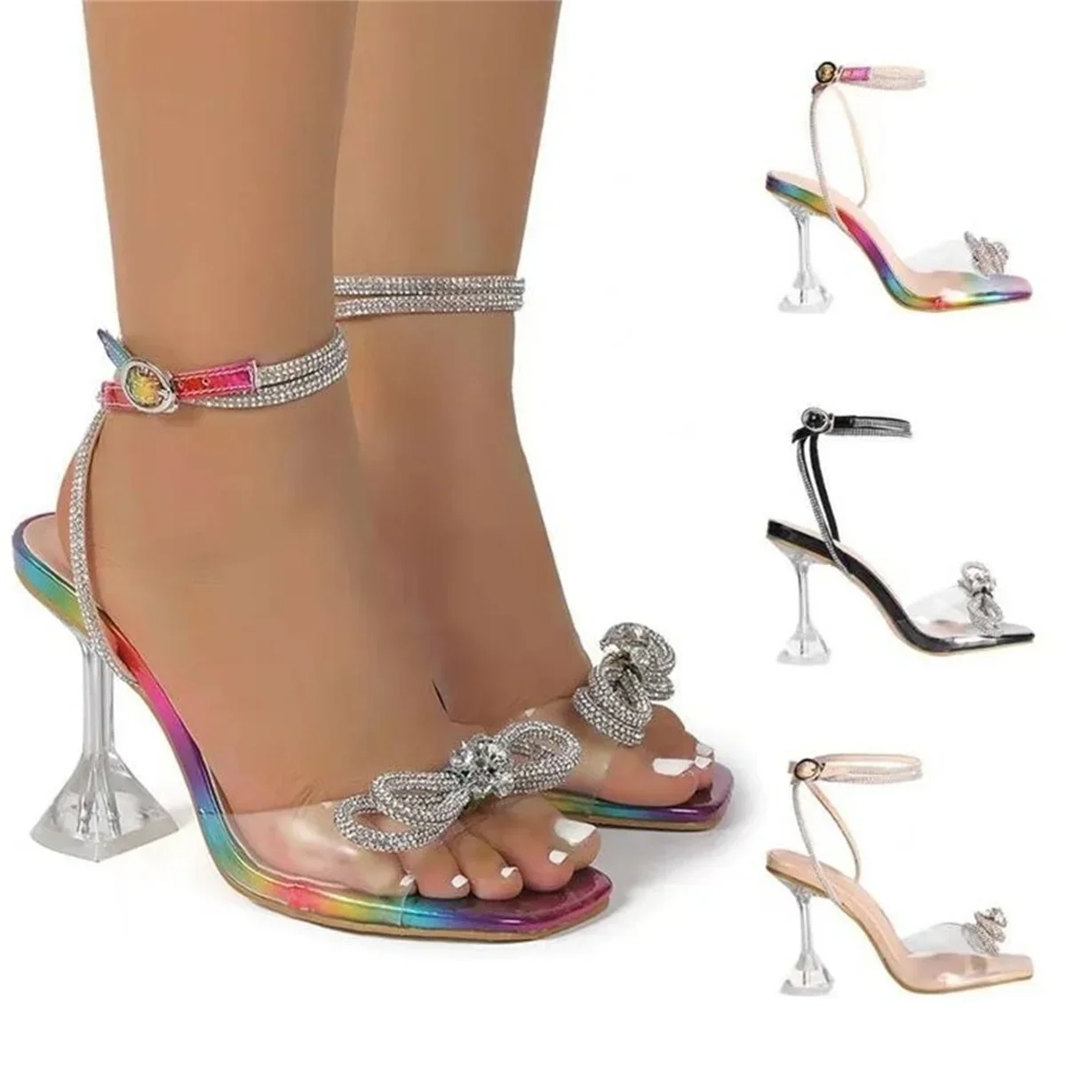 

New Women Sandals Summer Sexy Perspex Crystal High Heels Party Wedding Shoes Square Toe Pearls String Bowknot Pumps Plus Size 43