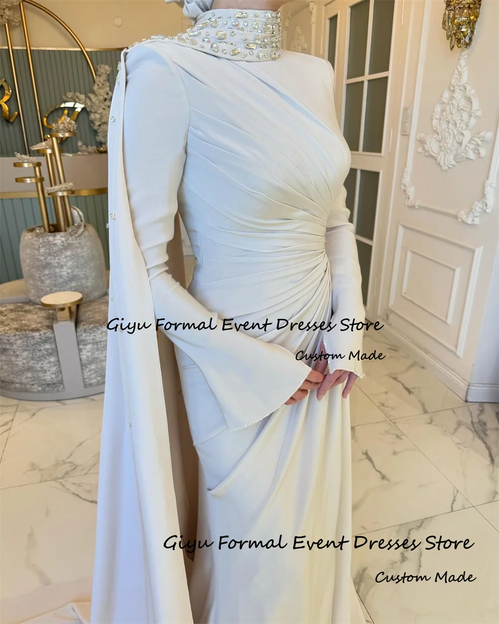 Giyu Elegant Prom Gown for Women Saudi Arabia Pleat Full Sleeve With Shawl Vestidos De Fiesta Elegantes Para Mujer Customized