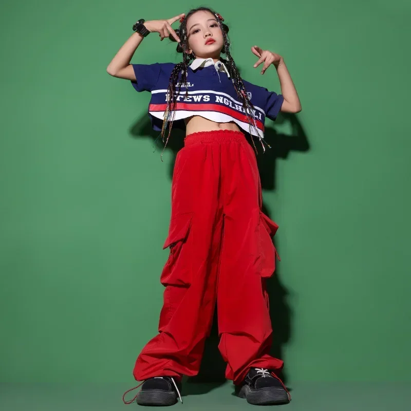 

New Hip Hop Dance Clothes for Kids Crop Top Red Cargo Pants Teenage Girls Kpop Costume Concert Group Stage Performance Outfits