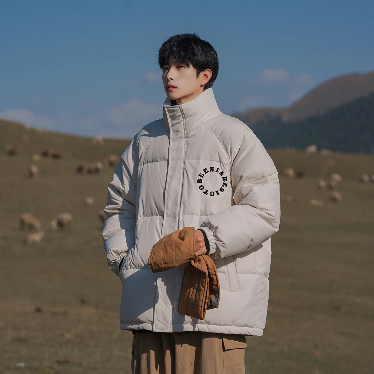 

Men's Winter Cotton Jacket Bread Style Stand Collar Casual Trendy All-Match Warmth Zipper Closure Regular Length Pure Color