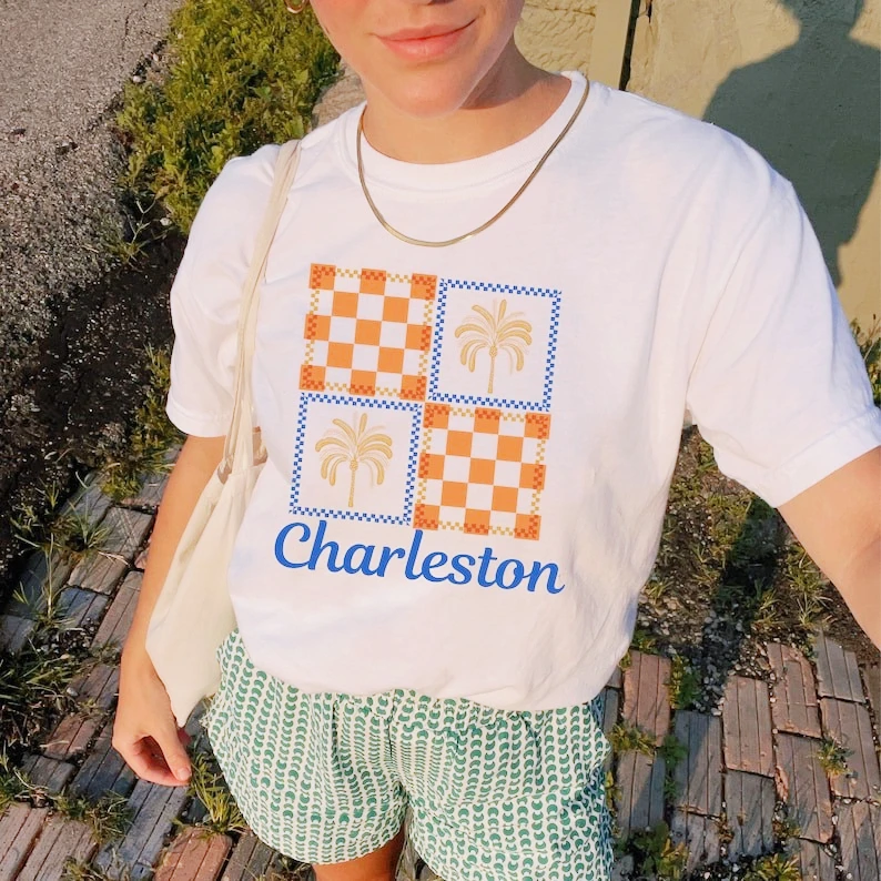 

Футболки с графическим принтом Чарльстона, Южная Каролина, пальма, эстетические летние прибрежные хлопковые футболки для девичника для девочек