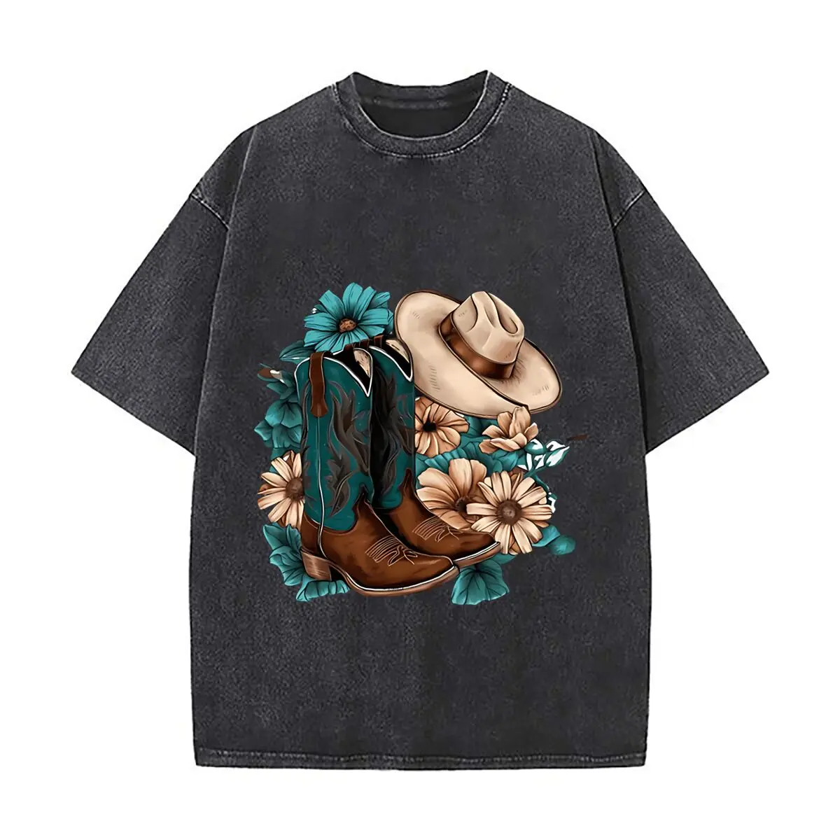 Western Cowboy Boots Hat Floral Design Vintage Distressed Loose Streetwear Tops for Campus Days