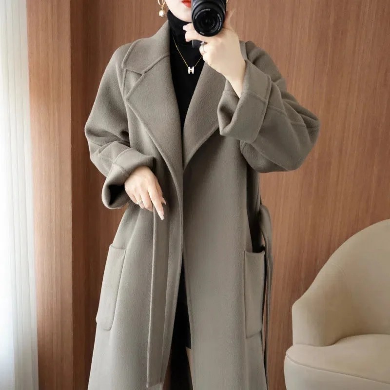 

2023 Autumn Winter 100% Double-Sided Cashmere Coat Women's Mid-length Silhouette Loose Thickened Woolen Coat for Women Commuting