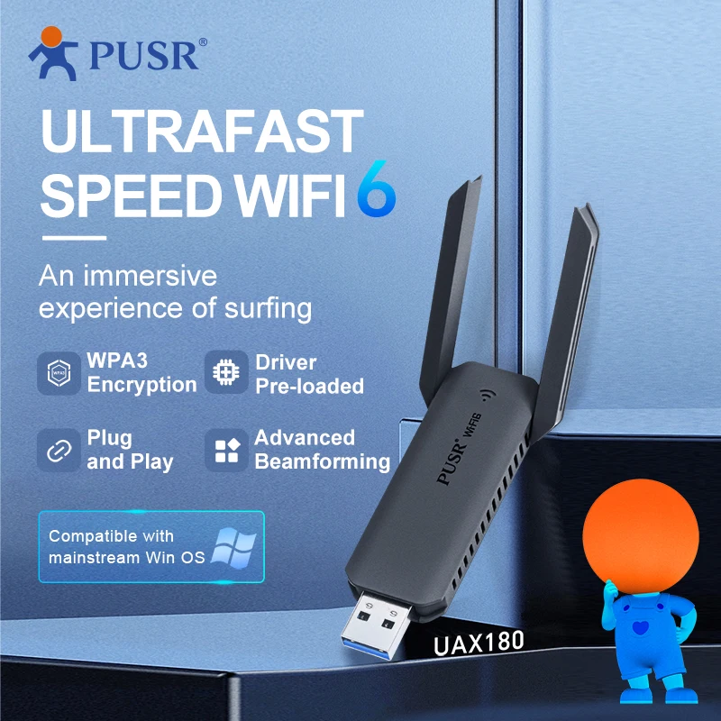 Adaptor jaringan USB PUSR WiFi 6, 5.8G/2.4G USB 3.0 2dBi * 2 antena mendukung Windows10 11 USR-UAX180