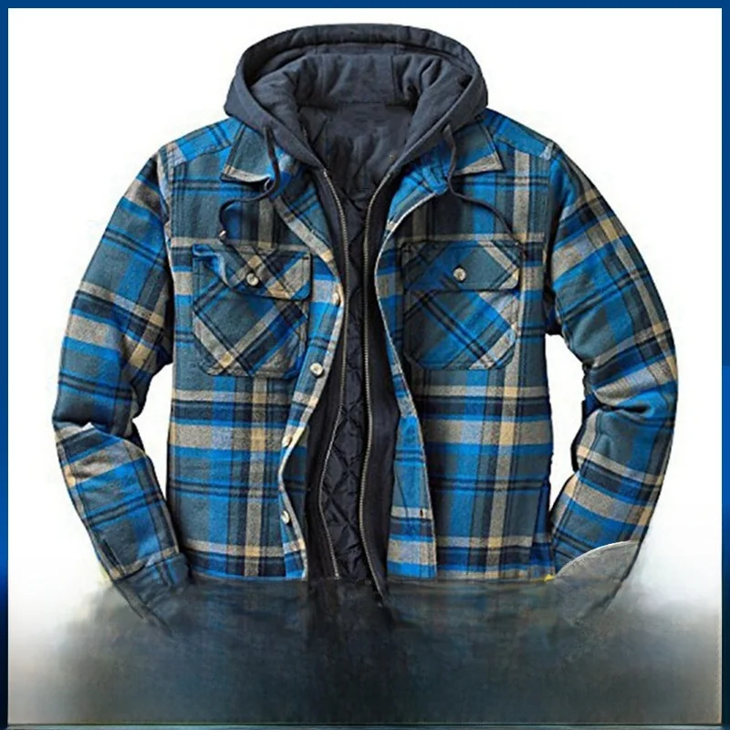

Thiened Cotton Jaet Men's Autumn Winter Plaid Print Loose Hooded Coat Zipper Closure Casual Faion Youth Sle