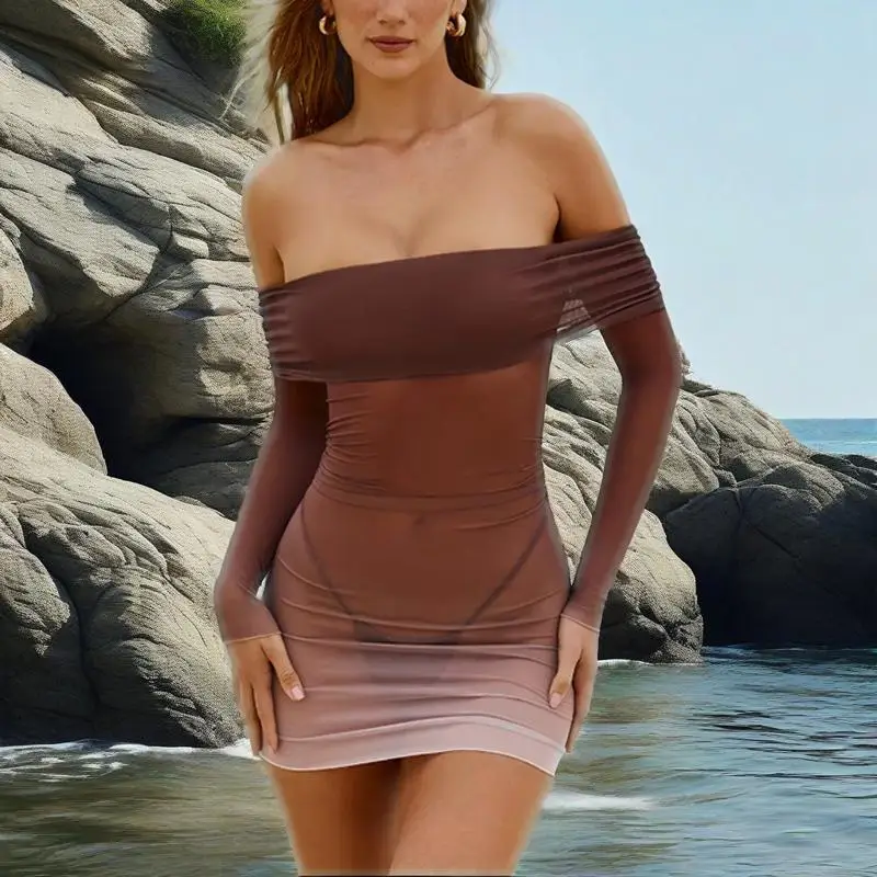 2025 New seaside vacation sexy hot girl style one-shoulder mesh see-through short dress for women