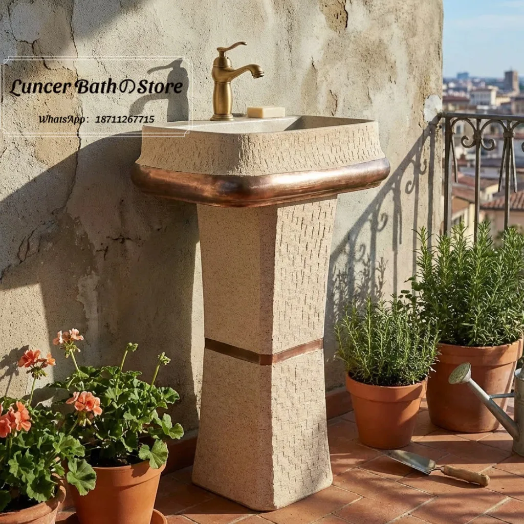 Gold Rim Faux Stone Pedestal Sink, Vintage Outdoor Hand Wash Basin for Bathroom, Courtyard, Garden Wash Station
