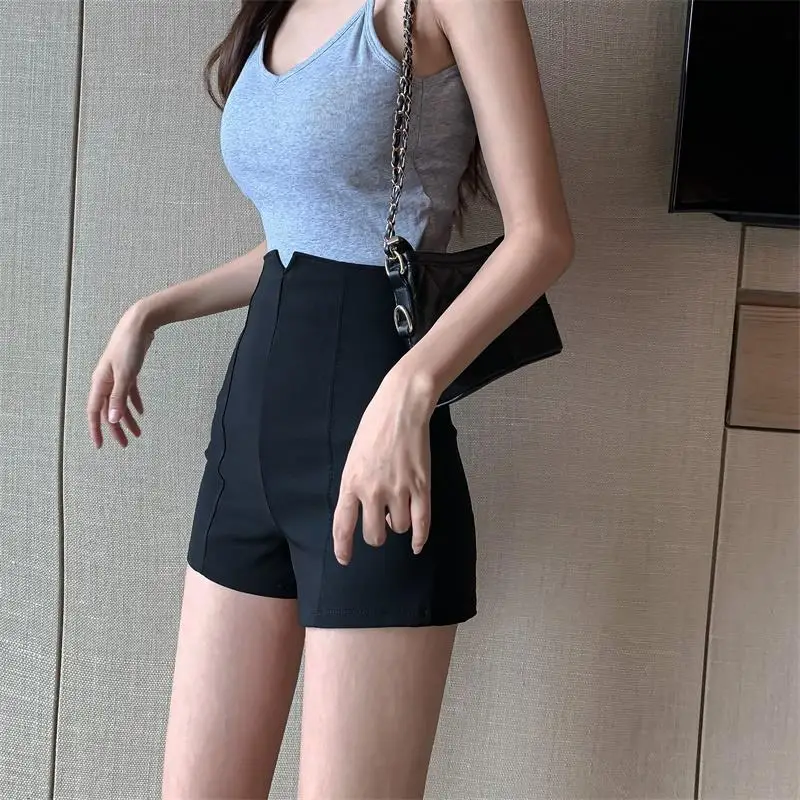 Black Shorts Women Retro Design Zipper Skinny Short High Waist Leisure All-match Streetwear Slim Stretchy Trousers Lady Clothing