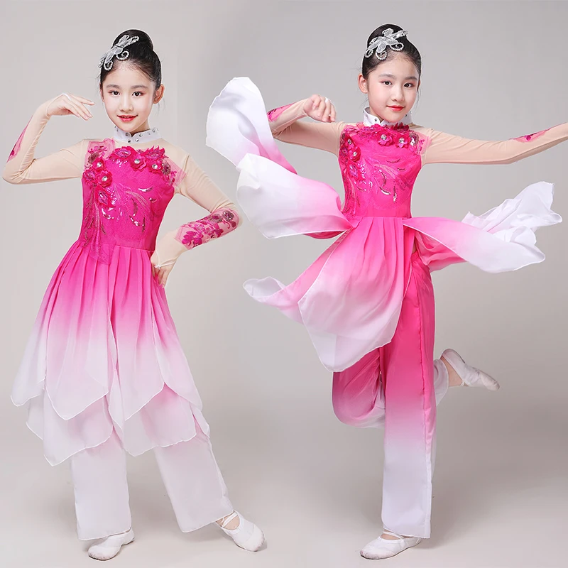 Costumes Yangge pour enfants Fan danse robe Hanfu moderne filles enfants Style chinois pratique Yangge gaze Costumes de spectacle
