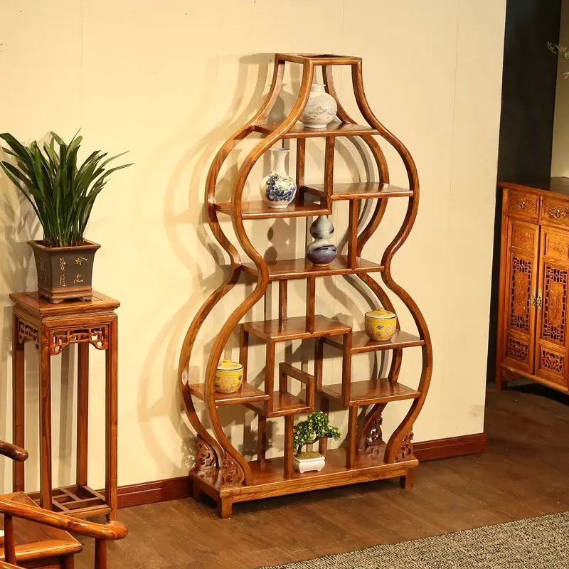 Custom. [Deft Design] Gourd Antique Shelf Solid Wood Small Ornaments Tea Cabinet Rack Storage Rack Exhibition Living