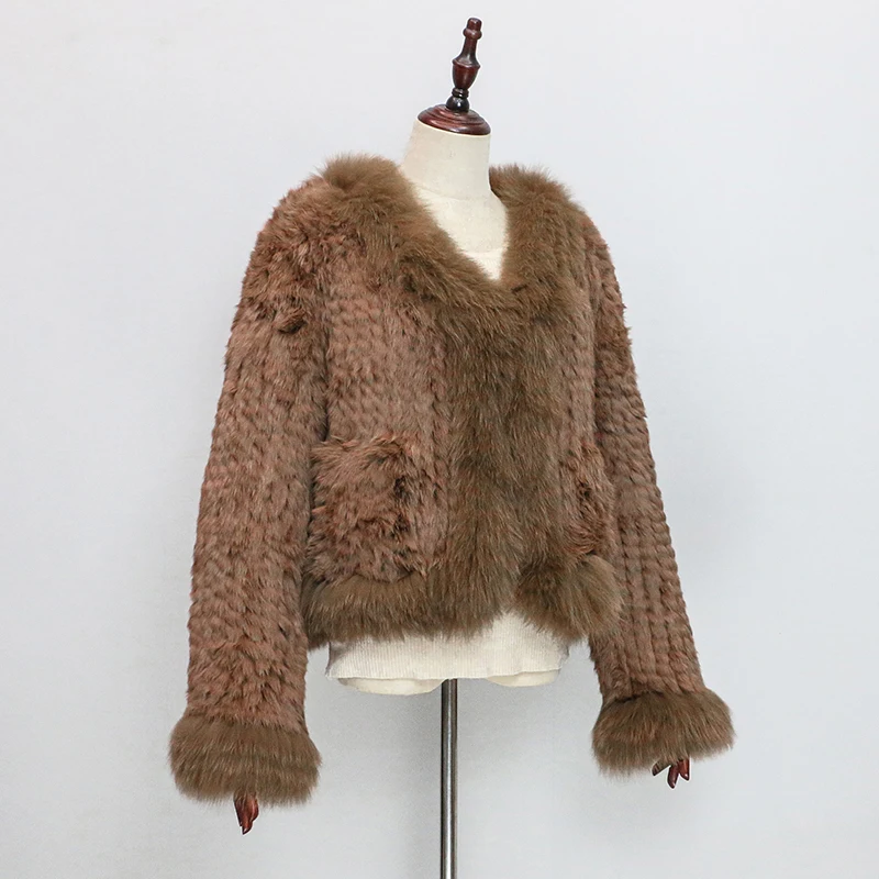 New Women's Real Rabbit Hair Knitted Coat Fashion Fox Hair Collar Knitted Cloak Thickened Warm Short Jacket Luxury Fur Tops