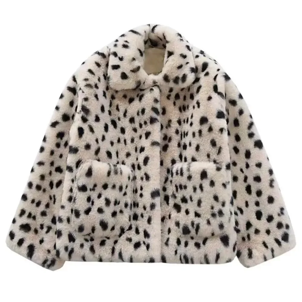 

Women Winter 2025 New Faux Fur Leopard Print Fur Coat Loose Lamb Wool Winter Short Plush Jacket Korean Fashion Fluffy Jacket
