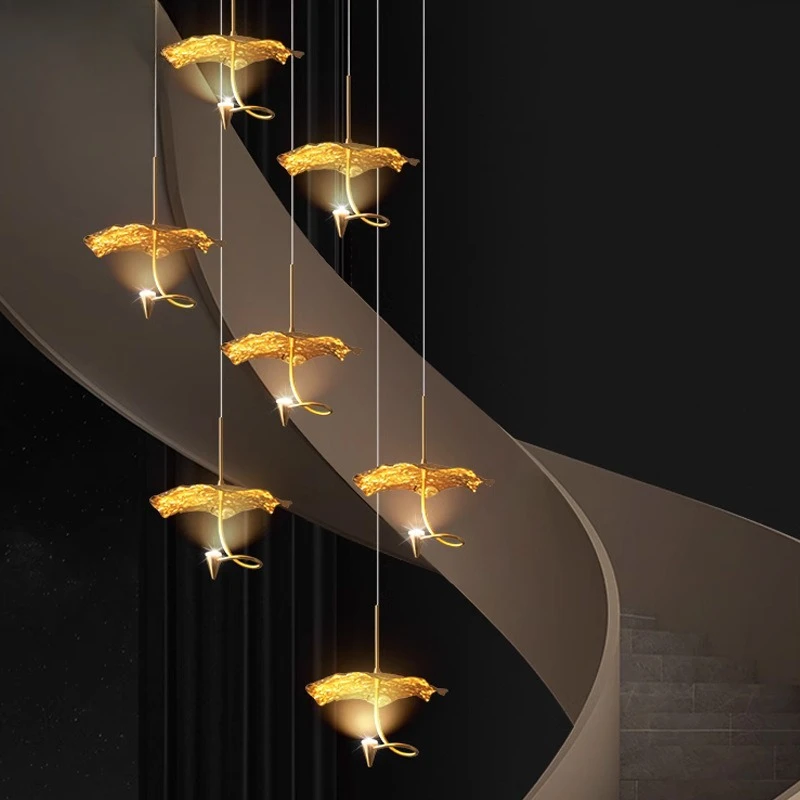 Duplex building creative staircase hollow chandelier modern villa living room hollow dining room lotus leaf multi-head