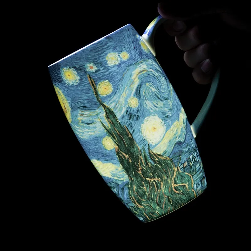 Canecas de café de porcelana de osso fino com pintura Van Gogh de grande capacidade com tampa em caixa de presente