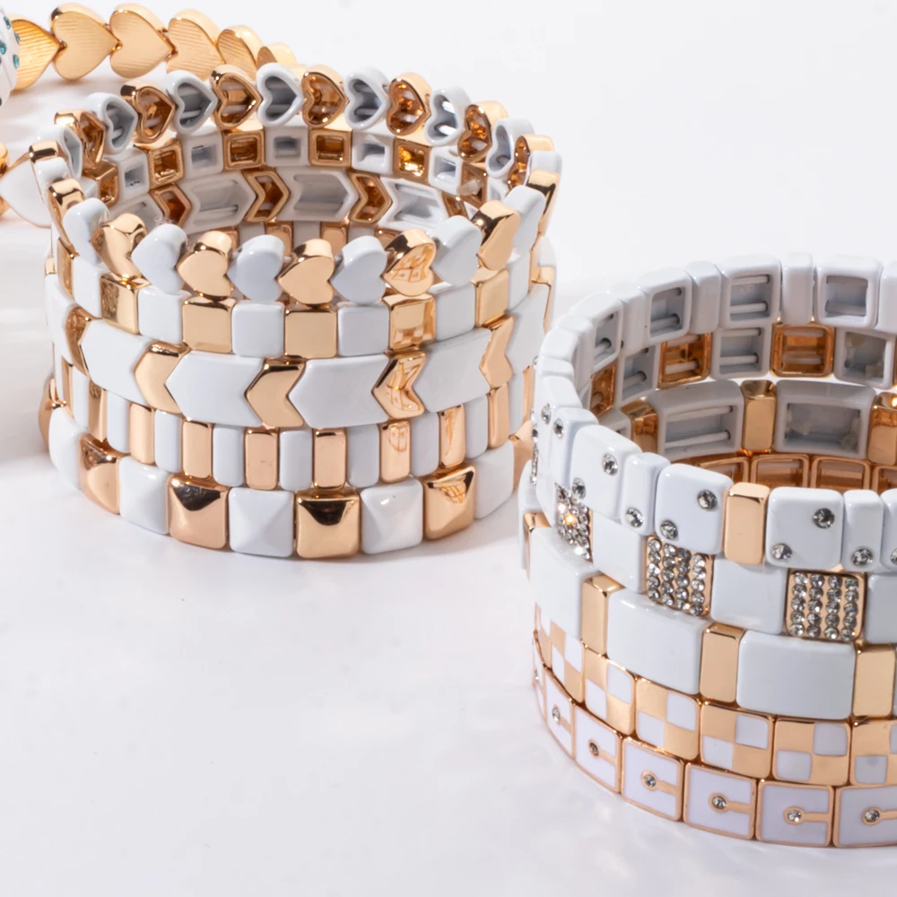 White Gold Color Theme Enamel Beaded Bracelets For Women Handmade Elastic Beads Spring Hand Accessory