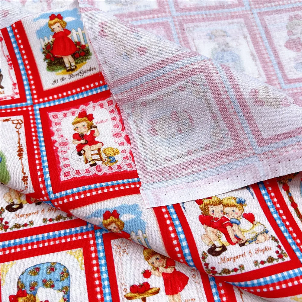 vintage Retro RED little girl 100% cotton fabric ,Patchwork Cloth,DIY Sewing Quilting Material For Baby skirt clothes