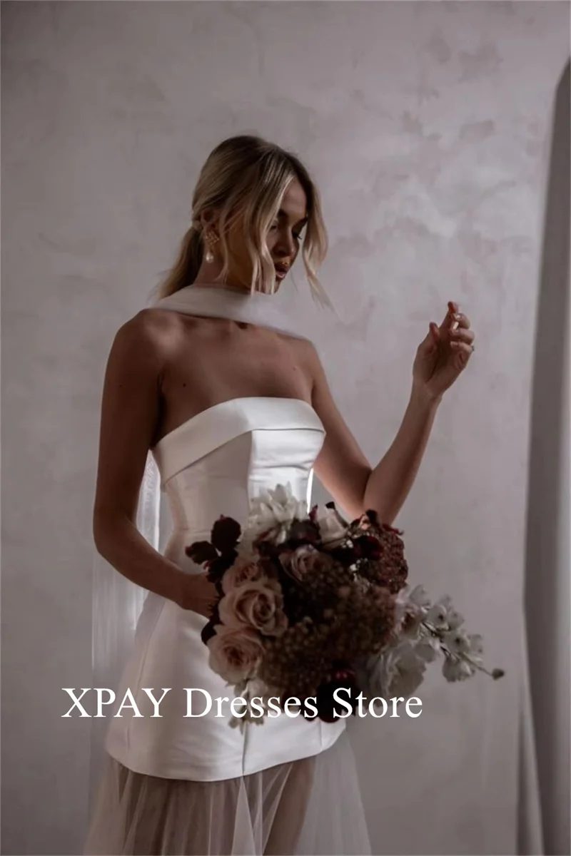 XPAY 2025 Strapless สีขาวซาตินงานแต่งงานชุดลูกไม้ยาวที่ถอดออกได้รถไฟแขน vestidos de novia ซิปด้านหลังอย่างเป็นทางการที่กําหนดเอง