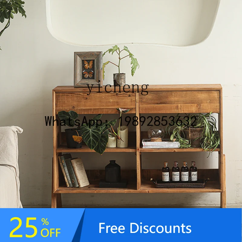 CC Six-Grid Old Pine Wood Vintage Distressed Entryway Cabinet Wabi-Sabi Style Villa Living Room Sideboard