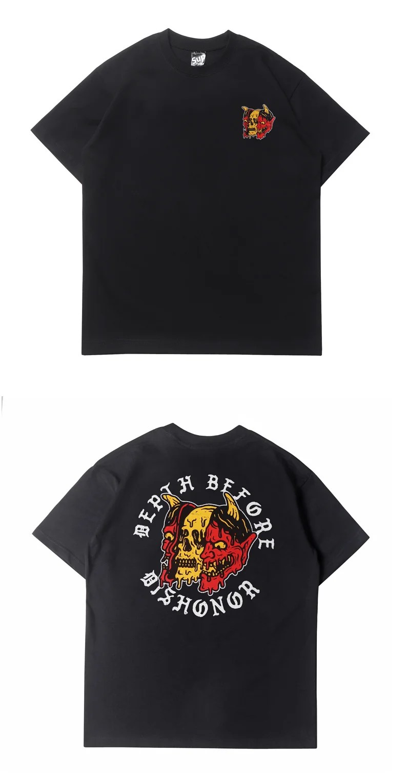 Herren-T-Shirt mit Totenkopf-Dämon-Print, lustiges Grafik-Design, Gothic-Schriftzüge, Y2K Streetwear, Baumwolle, Kurzarm, Oversize-Kleidung, Sommer – Detail 4