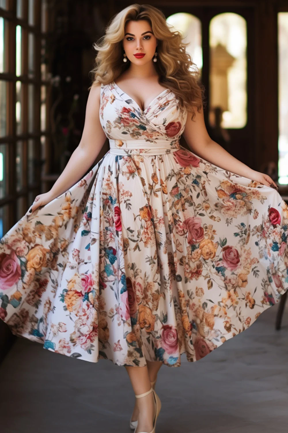 

Flycurvy Plus Size Wedding Guest Red Cotton Wrap Floral Print Midi Dress