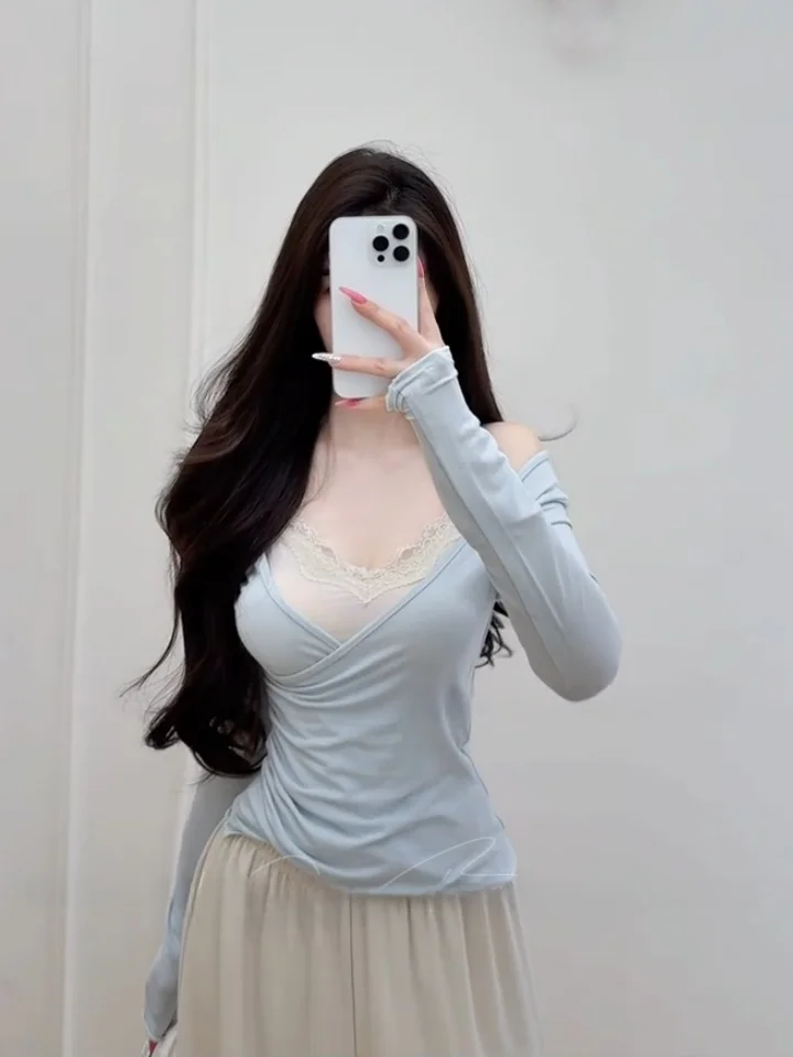 

Korean Sle Women's Lace Crop Top And High Waist Pants Two-Piece Set Long Sve Slim Fit Ele Faion Autumn Wear