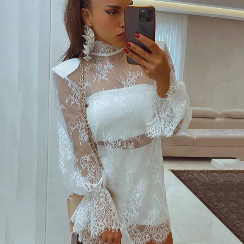 Linad Sexy Black Embroidery Mini Dress Women Elegant Sheer High Waist Pencil Dresses Vintage Loose Flare Sleeve Short Dress 2025