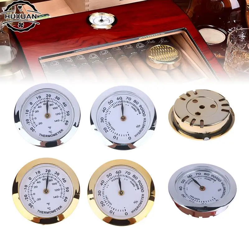 Direct Pin Embedded 37mm Pointer Thermometer Hygrometer Cigar Box Juggling Moisture-proof Box Portable Mini Thermometer