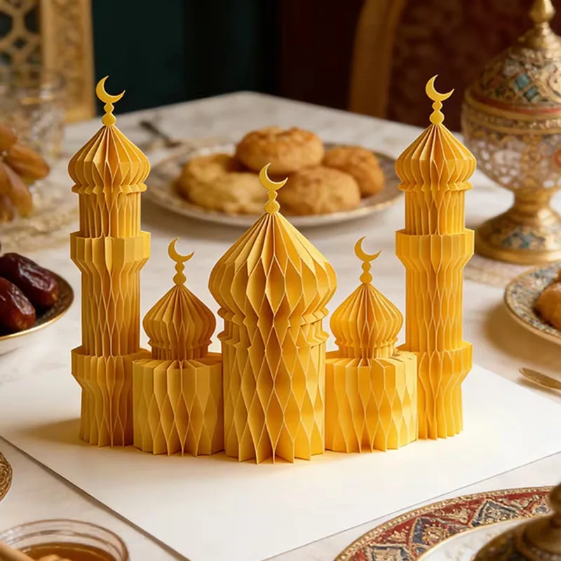 

2026 Eid Festival Decorations Muslim Decoration Star And Moon Paper Ornament Honeycomb Palace Ornament Home Desk Decorations