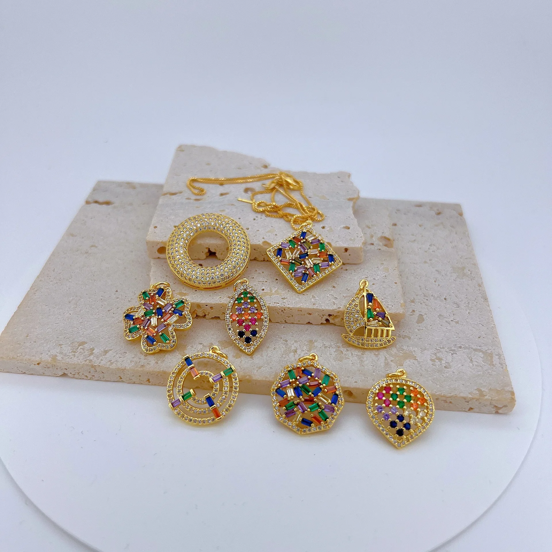 

2Pcs Inlay Colorful Zircon Pendant for Diy Earrings Necklace Making Brass Round Flower Boat Hollow Jewelry Accessories Wholesale