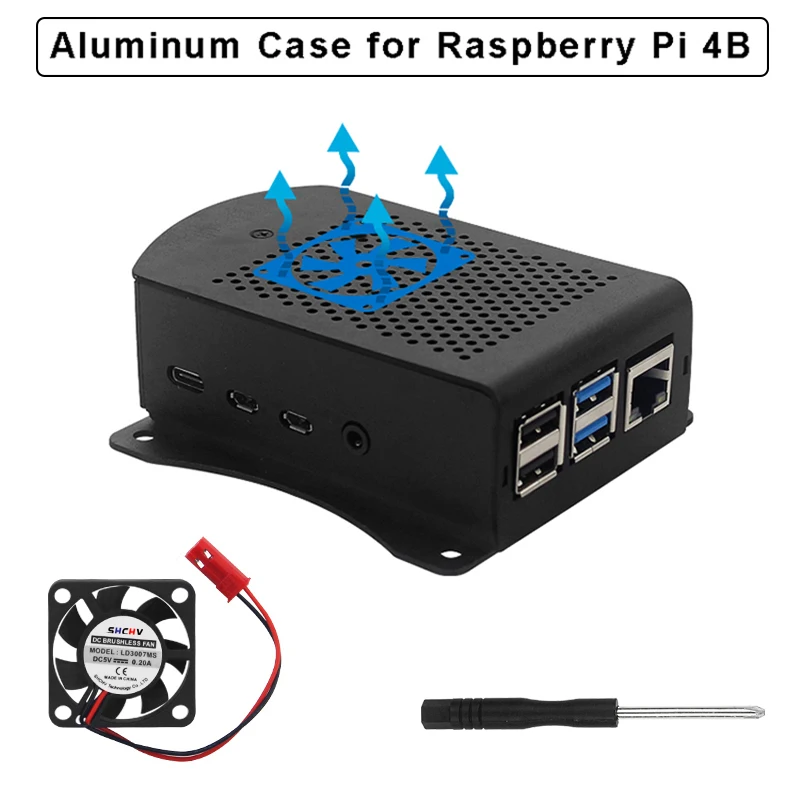 Raspberry Pi 4 Case Aluminum Alloy Box Metal Shell Black Hanging Bracket with Cooling Fan Screwdriver for Raspberry Pi 4 Model B