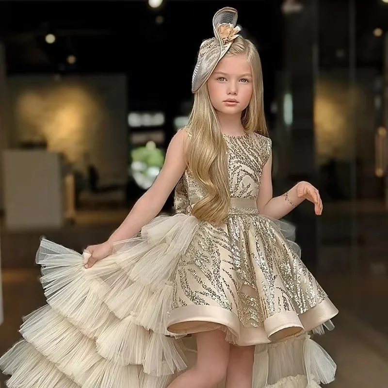 Girls Evening Dress Sleeveless Sequined Embroidery Gown Tiered Tulle Asymmetric Hem Formal Party Dress Kids Pageant Costume Wit image 6