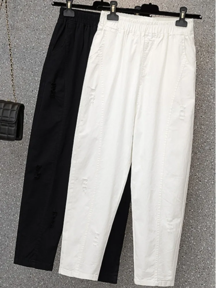 

Slimming Effect Cotton Casual Pants for plus Size Women Summer New Style Thin Elastic High Waist Nine Points Carrot Jeans