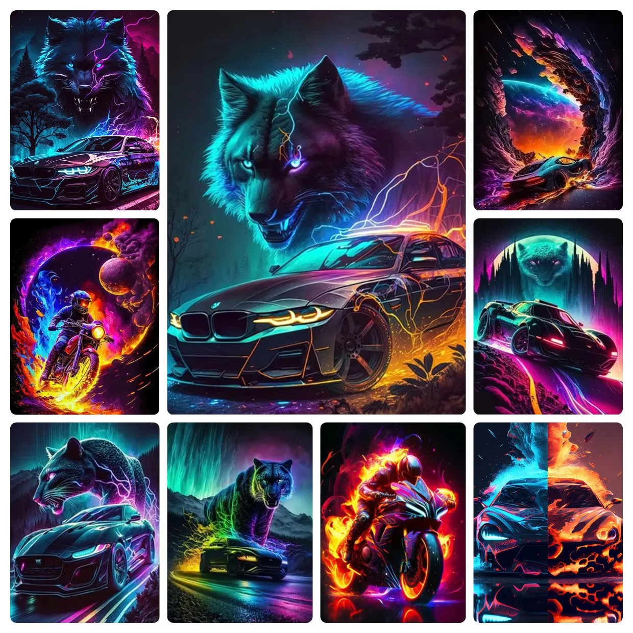 Digital Oil Painting By Number Cars And Wolf Unframed Retro Auto Wild Animal Canvas Prints For Garage Game Room Decor
