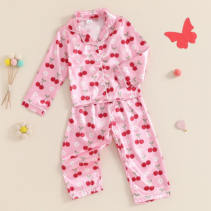 Little Girls Pajama Sets Lapel Neck Button-up Tops Elastic Waist Long Pant Cherry Butterfly Print Loungewear Set