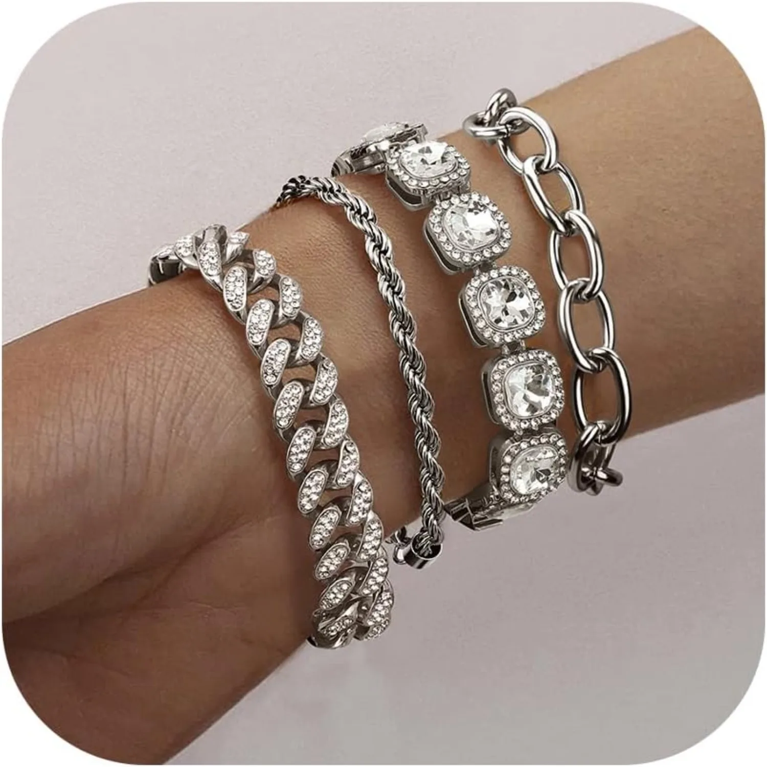 

4Pcs Chunky Bracelet Cubic Zirconia Layered Bracelet for Men Cuban Mens Bracelet Dainty Gold-Plated Bracelet Set